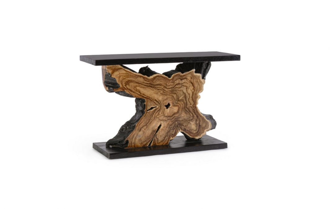 CONSOLA CON ESTRUCTURA INTERNA DE RAÍZ DE TECA CON TAPA Y BASE DE MADERA DE SUAR MED: 120 X 40 X 75 CM ALTO