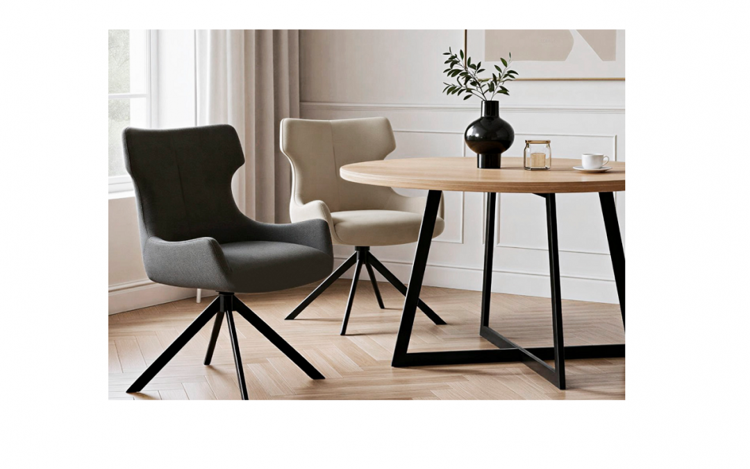 SILLA DE COMEDOR TAPIZADA GRIS O BEIGE CON RESPALDO CURVADO TIPO OREJERO Y COSTURAS DECORATIVAS PATAS METÁLICAS COLOR NEGRO ESPUMA ALTA DENSIDAD MED: 60 X 61 X 88 CM ALTO