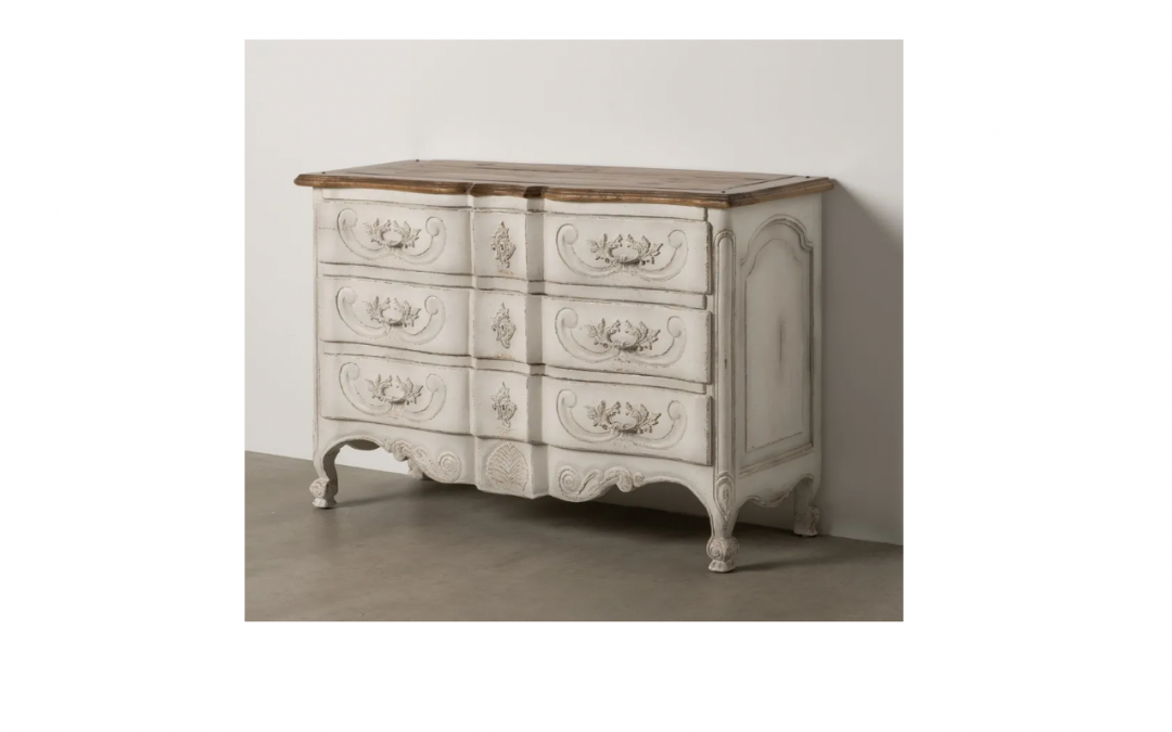 CÓMODA 3 CAJONES MADERA DE MINDI ACABADO BLANCO ROZADO Y TAPA NATURAL MED: 130 X 45 X 85 CM ALTO