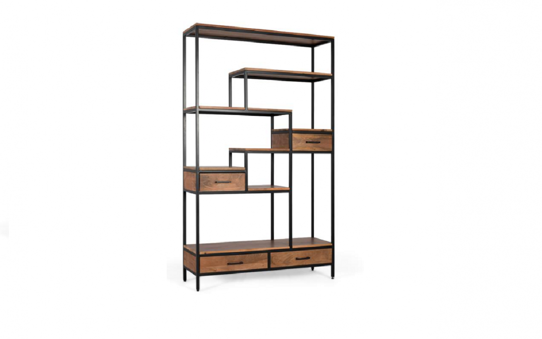 ESTANTERÍA ESTRUCTURA DE HIERRO Y ESTANTES Y 4 CAJONES DE MADERA DE MANGO MED: 115 X 35 X 182 CM ALTO