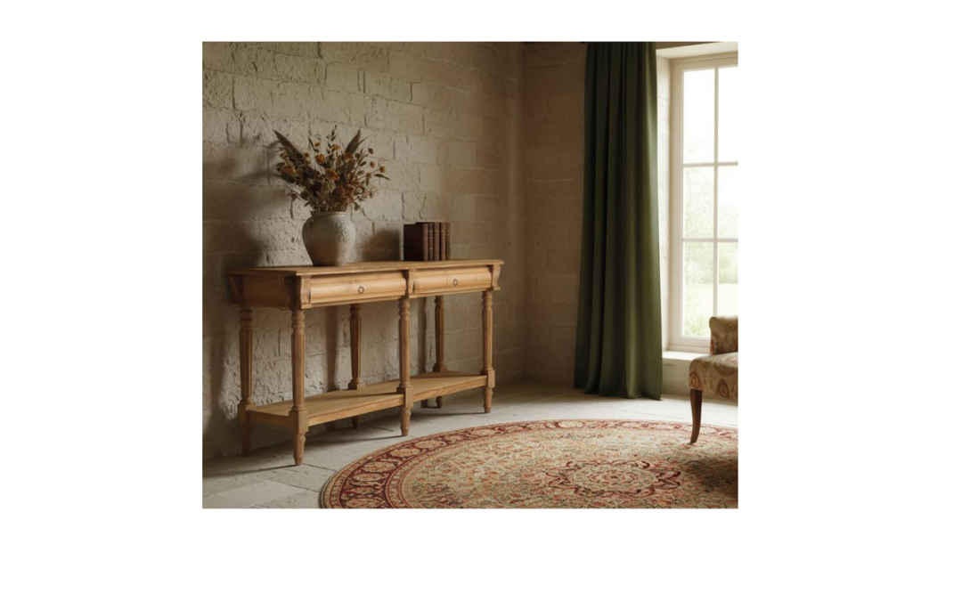 CONSOLA 2 CAJONES Y BALDA INFERIOR CON 6 PATAS TORNEADAS MADERA DE TECA MACIZA MED: 151 X 42 X 86 CM ALTO