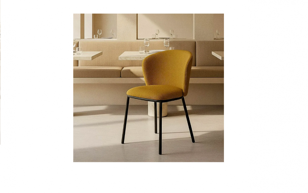 SILLA TAPIZADA ESPIGA COLOR MOSTAZA Y PATAS METÁLICAS NEGRAS MED: 55 X 55 X 78 CM ALTO