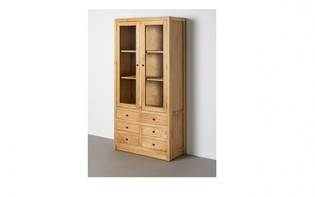 VITRINA 2 PUERTAS Y 6 CAJONES CON ESTANTES INTERIORES MADERA DE MINDI / CRISTAL MED: 90 X 40 X 180 CM ALTO