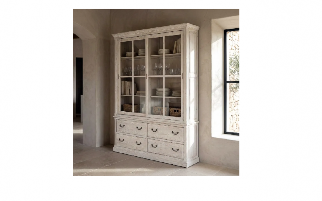 ALACENA 4 CAJONES 2 PUERTAS CORREDERAS MADERA DE PINO ACABADO BLANCO ROZADO MED: 180 X 44 X 240 CM ALTO