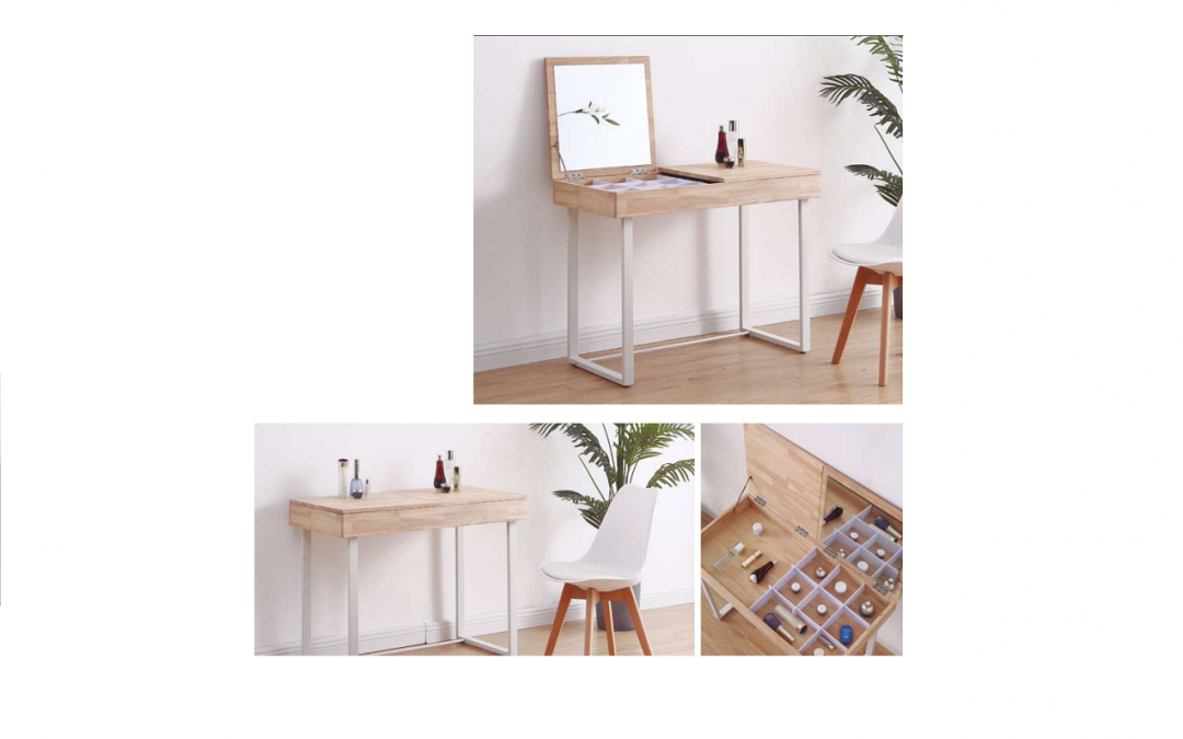 MESA DE ESTUDIO / TOCADOR MADERA DE ROBLE 2 CAJONES CON TAPA ABATIBLE Y ESPEJO INTERIOR CON ORGANIZADOR INTERNO PATAS METÁLICAS COLOR BLANCO MED: 100 X 50 X 76 CM ALTO