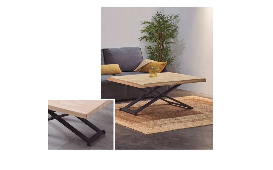 MESA DE CENTRO ELEVABLE CON ALTURA REGULABLE TAPA DE ROBLE Y ESTRUCTURA METÁLICA NEGRO O BLANCO TAPA RECTA O CON FORMAS Y RUEDAS PARA FÁCIL DESPLAZAMIENTO MED: 120 X 80 X 49-76 CM ALTO