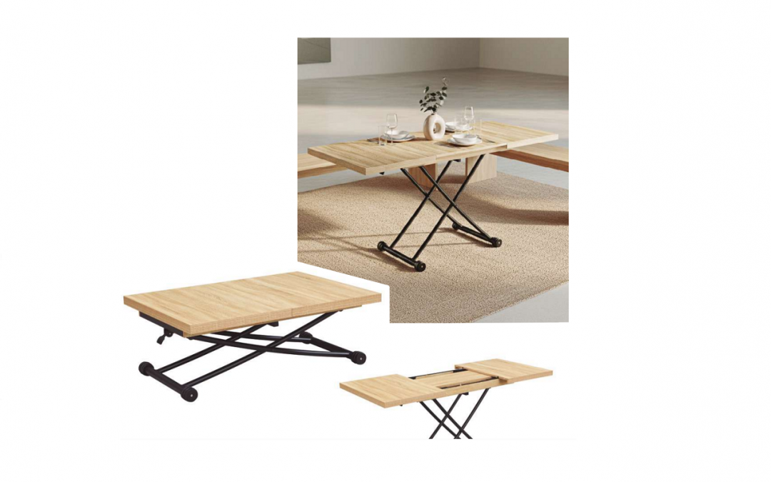 MESA DE CENTRO ELEVABLE Y EXTENSIBLE TAPA DE MELAMINA CON 2 EXTENSIBLES INDEPENDIENTES DE 30 CM. ELEVACIÓN A GAS Y ACCIONAMIENTO MEDIANTE TIRADOR MED: 100 X 80 X 28-75 CM EXTENSIBLE A 130 – 160 CM. (TAMBIÉN CON TAPA REDONDA)