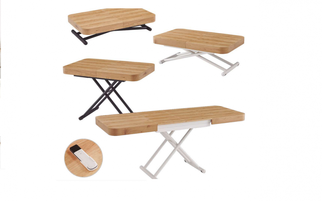 MESA DE CENTRO ELEVABLE Y EXTENSIBLE TAPA DE MELAMINA CON ESTRUCTURA Y PATAS METÁLICAS COLOR NEGRO O BLANCO ELEVACIÓN ELÉCTRICA CON BATERÍA RECARGABLE Y ACCIONAMIENTO MEDIANTE MANDO A DISTANCIA 2 EXTENSIBLES DE 40 CM MED: 120 X 75 28/78 CM ALTO EXTENSIBLE A 160 – 200 CM