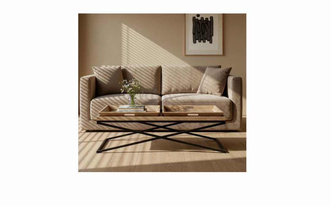 MESA DE CENTRO MADERA CON 2 BANDEJAS Y BASE DE HIERRO MED: 113 X 50 X 37 CM ALTO