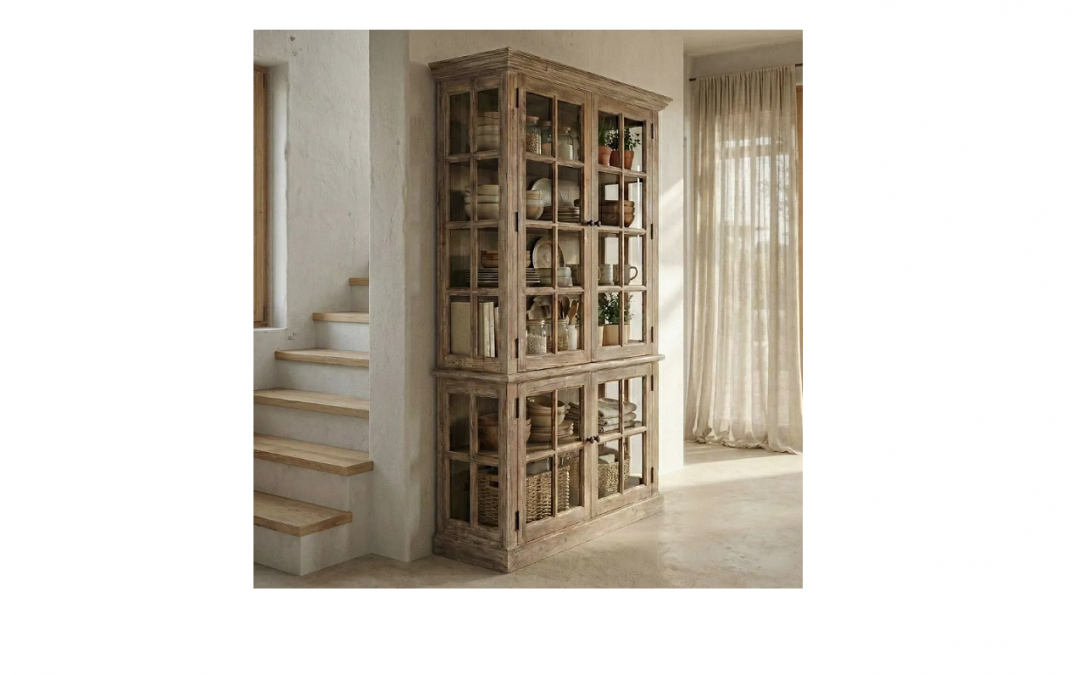 VITRINA 4 PUERTAS CON ESTANTES INTERIORES MADERA DE PINO / CRISTAL MED: 120 X 40 X 195 CM ALTO