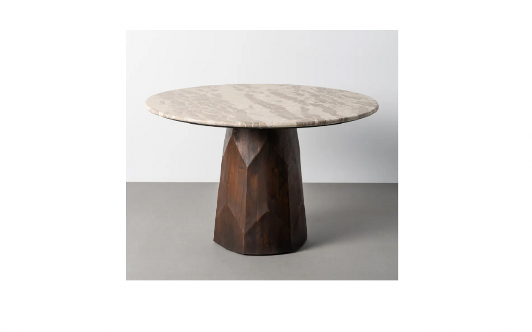 MESA DE COMEDOR CON TAPA DE MÁRMOL Y PIE DE MADERA DE MANGO MED: 120 X 120 X 77 CM ALTO (TAMBIÉN MESA DE CENTRO A JUEGO DE 90 X 90 X 40 CM ALTO)