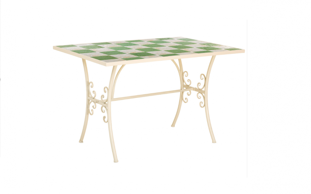 MESA DE JARDÍN DISEÑO EXCLUSIVO CON TABLERO DE MOSAICO EN PIEDRA NATURAL COLORES VERDES Y GRISES NACARADOS Y ESTRUCTURA DE FORJA COLOR BLANCO CREMA MED: 120 X 80 X 75 CM ALTO