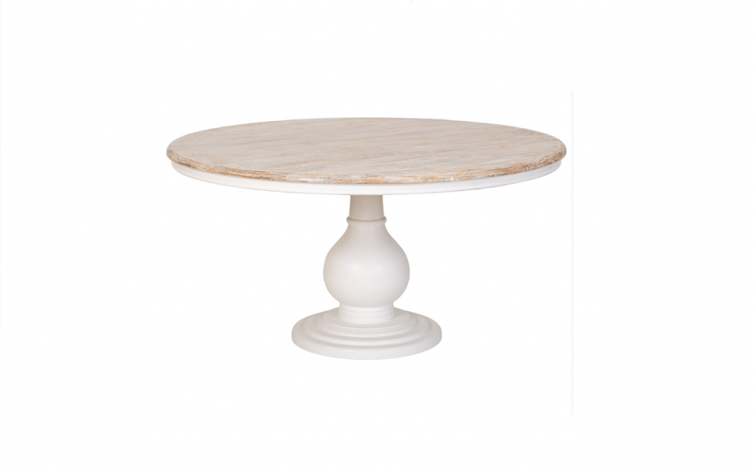 MESA DE COMEDOR MADERA DE MANGO CON BASE TORNEADA COLOR BLANCO Y TAPA MADERA ACABADO BLANQUEADO Y VETEADO NATURAL MED: 152 X 152 X 76 CM ALTO