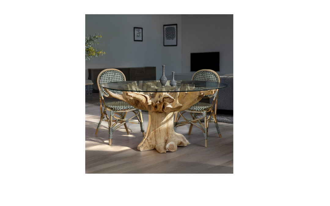 MESA DE COMEDOR RAÍZ DE TECA BLANQUEADA Y CRISTAL MED: 150 X 150 X 78 CM ALTO