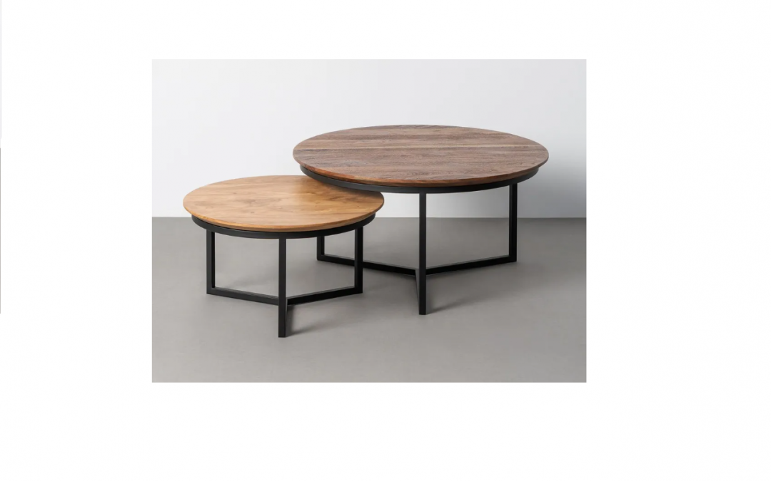 SET 2 MESAS DE CENTRO MADERA DE ACACIA Y PATAS HIERRO NEGRO MED: 80 X 80 X 40 CM ALTO / 59 X 59 X 33 CM ALTO
