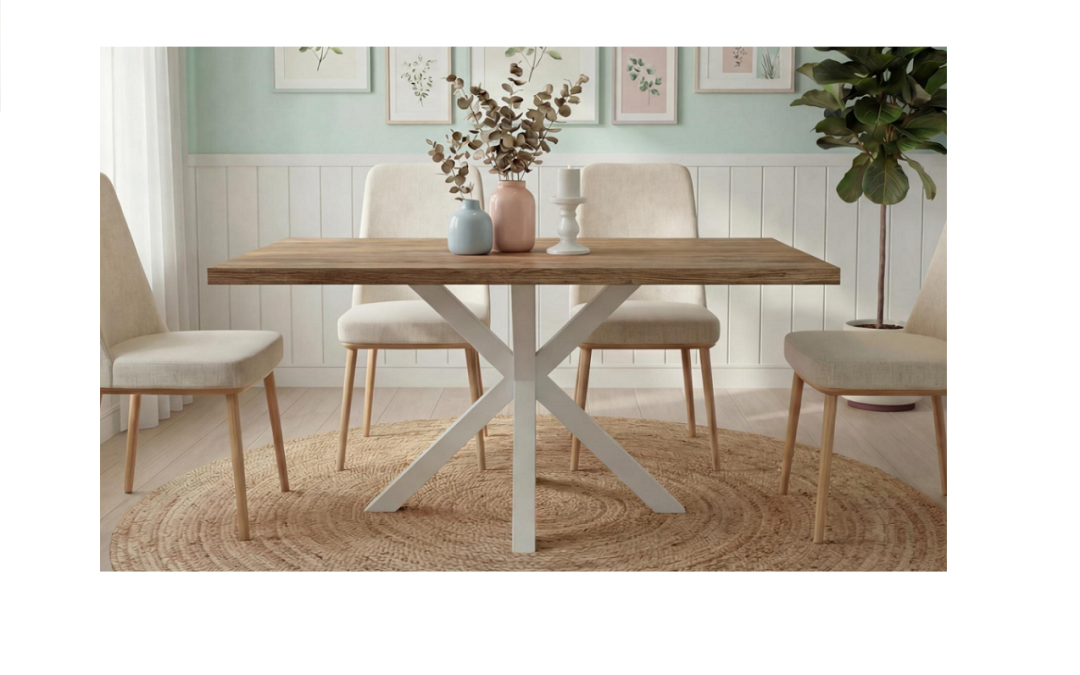 MESA DE COMEDOR FIJA CON TAPA DE ROBLE ASERRADO Y PATA METÁLICA COLOR BLANCO MED: 140 X 80 X 75 / 160 X 90 X 75 CM ALTO