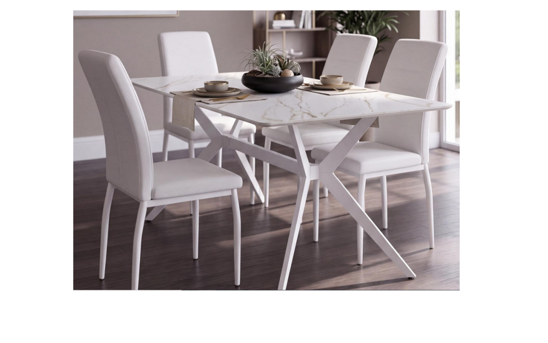 MESA DE COMEDOR FIJA CON TAPA EFECTO MÁRMOL COLOR MARFIL Y PATAS METÁLICAS COLOR BLANCO MED: 140 X 80 X 75 CM ALTO