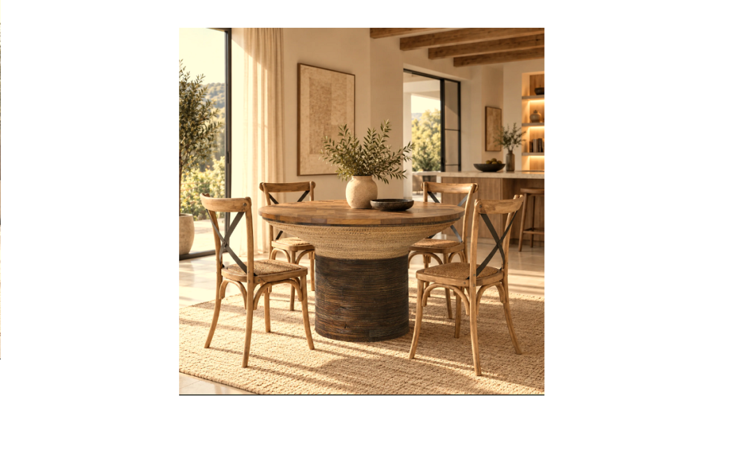 MESA DE COMEDOR REDONDA 6 PERSONAS MADERA DE TECA COLOR AVELLANA Y DETALLES COLOR WENGUÉ TAPA CON 2,5 CM DE GROSOR BASE TIPO TAMBOR CON DETALLES DE CUERDA TRENZADA MED: 120 X 120 X 78 CM ALTO