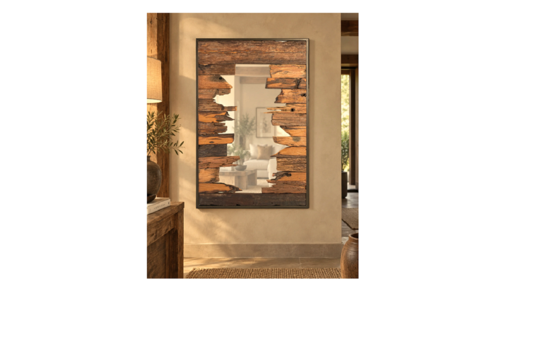 ESPEJO RAÍZ DE TECA COMBINADO CON HIERRO Y CRISTAL TONOS NOGAL Y NEGRO MED: 84 X 4 X 130 CM ALTO